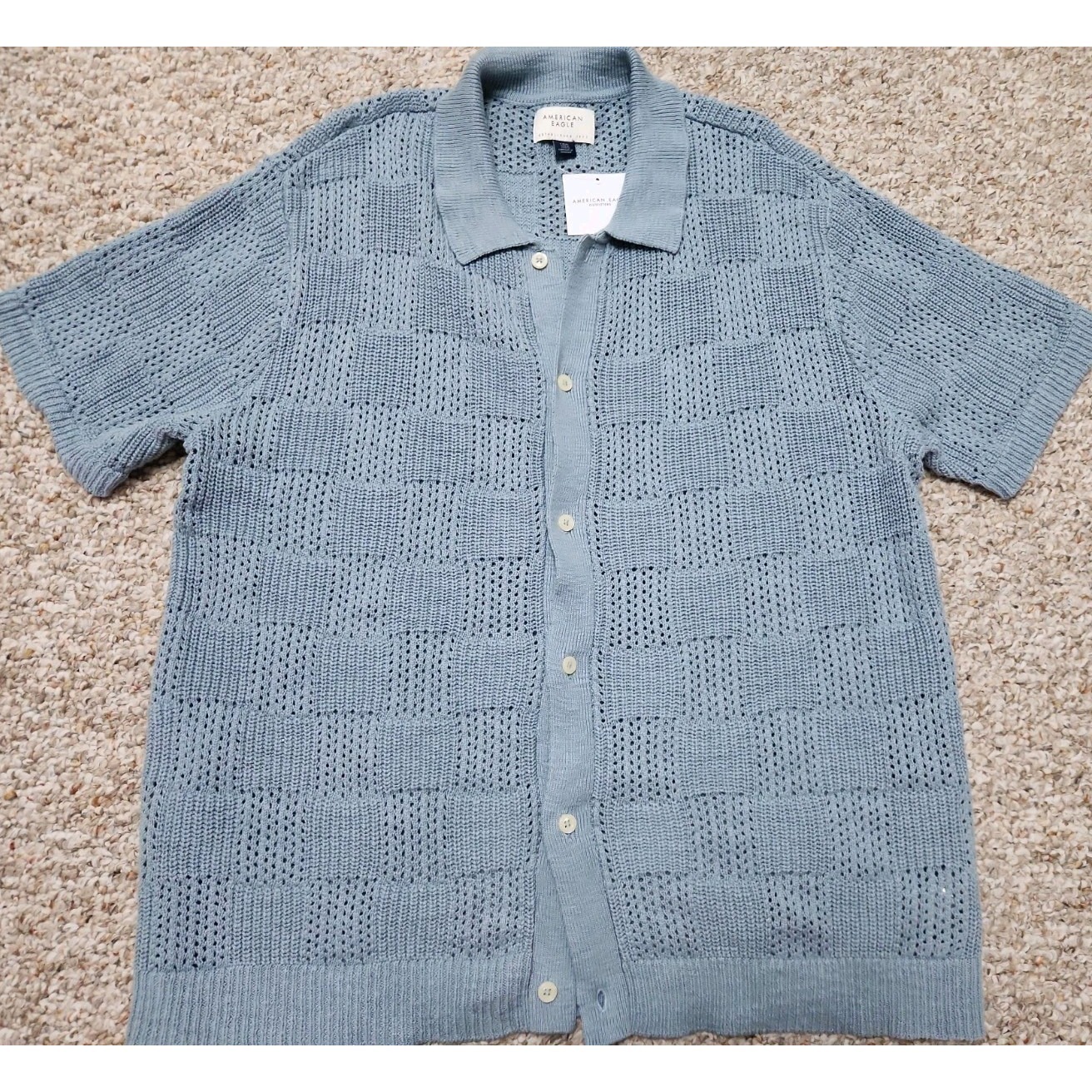 American Eagle Nwt Knit Polo S/S Cardigan Blue Large Button Front Textured